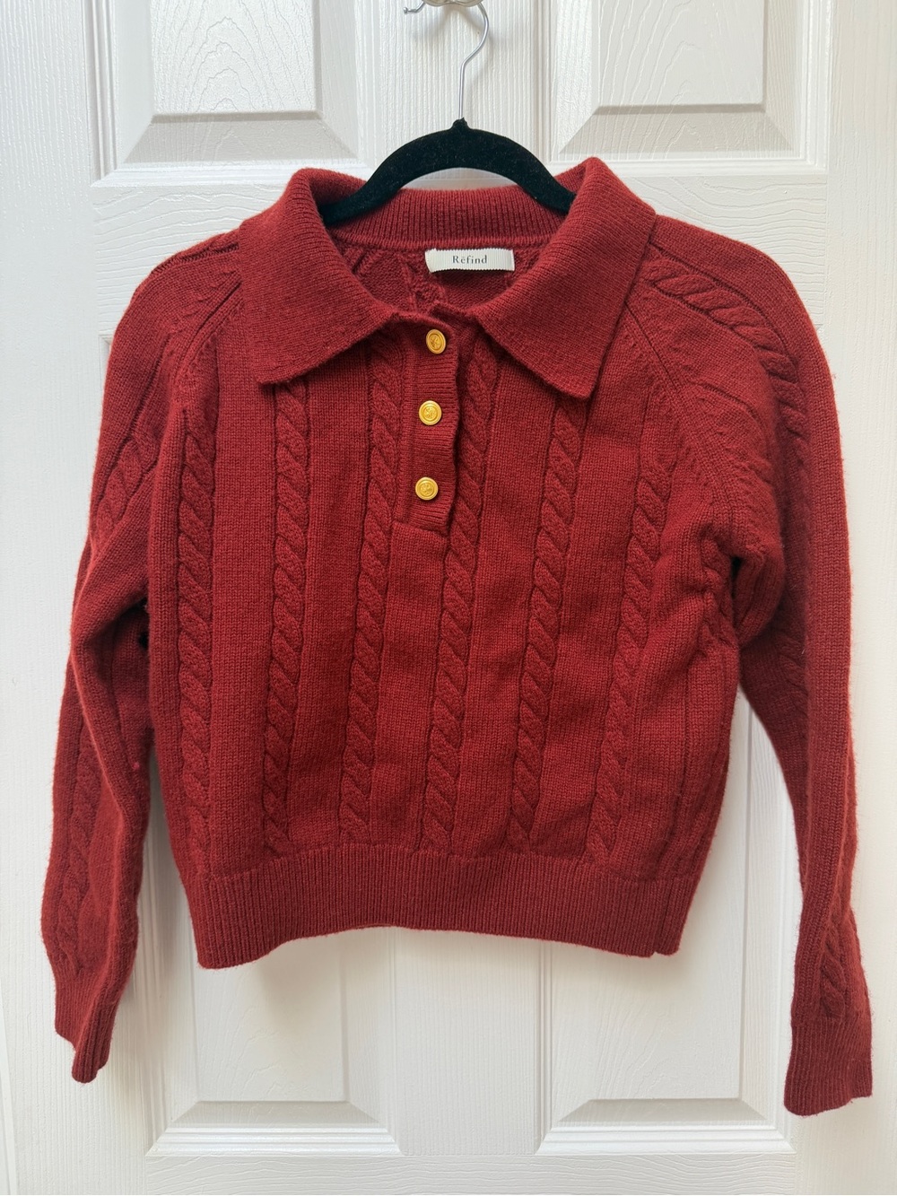 Brick Red Cable-Knit Polo Sweater with Gold Buttons